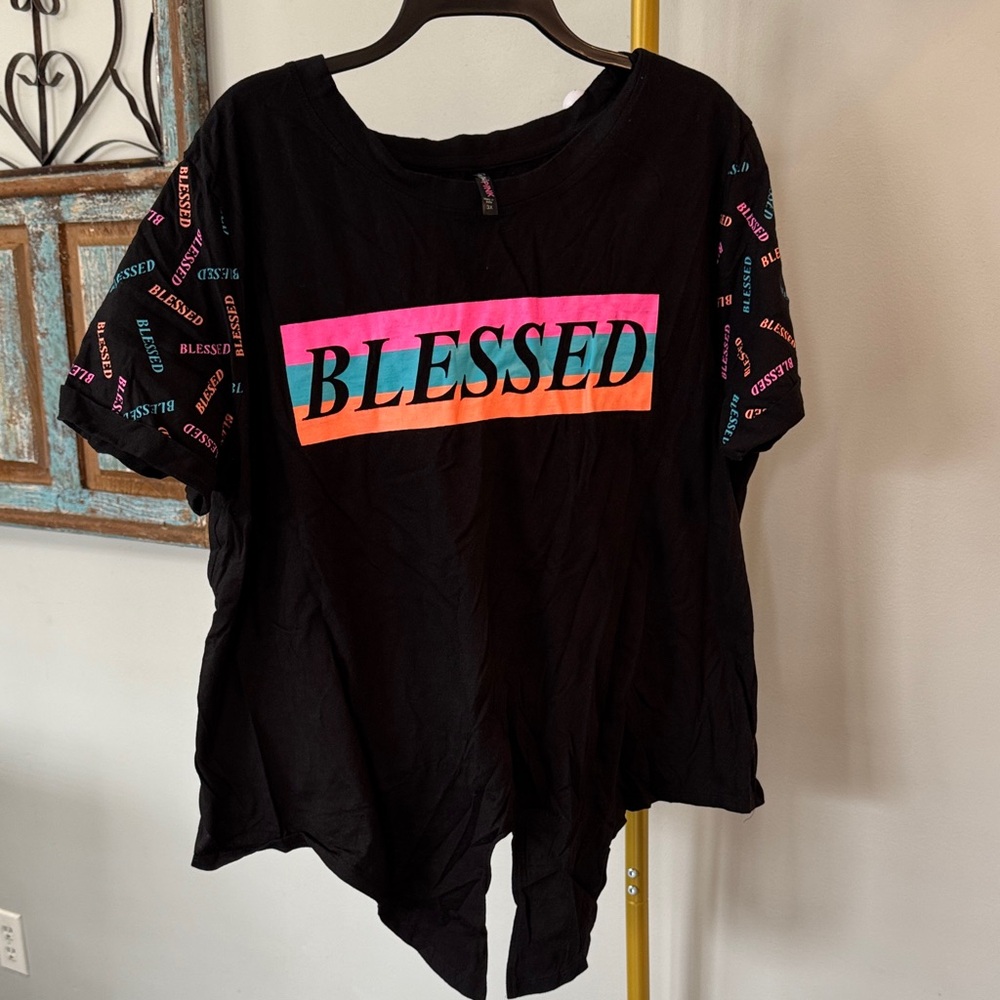 Electric Pink Blessed Graphic Short Sleeve Tee — Black with neon Accents EUC 3X